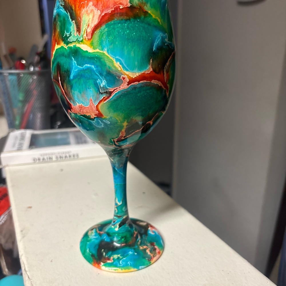 Hand-Painted Turquoise & Coral Abstract Wine Glass - Unbranded